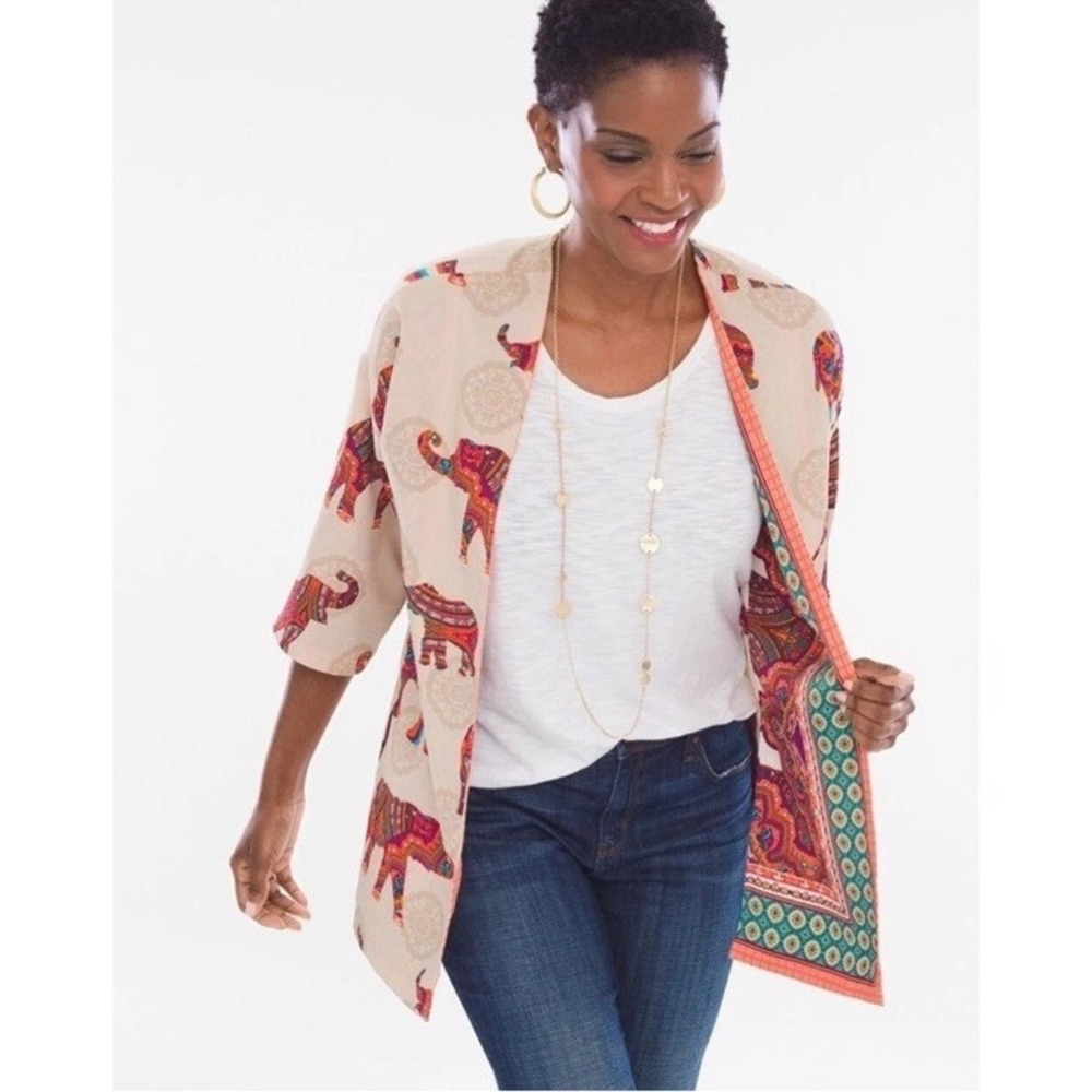 Chicos Reversible Kimono Jacket Women's Medallion Elephant Reverse *Sz 3  XL ?